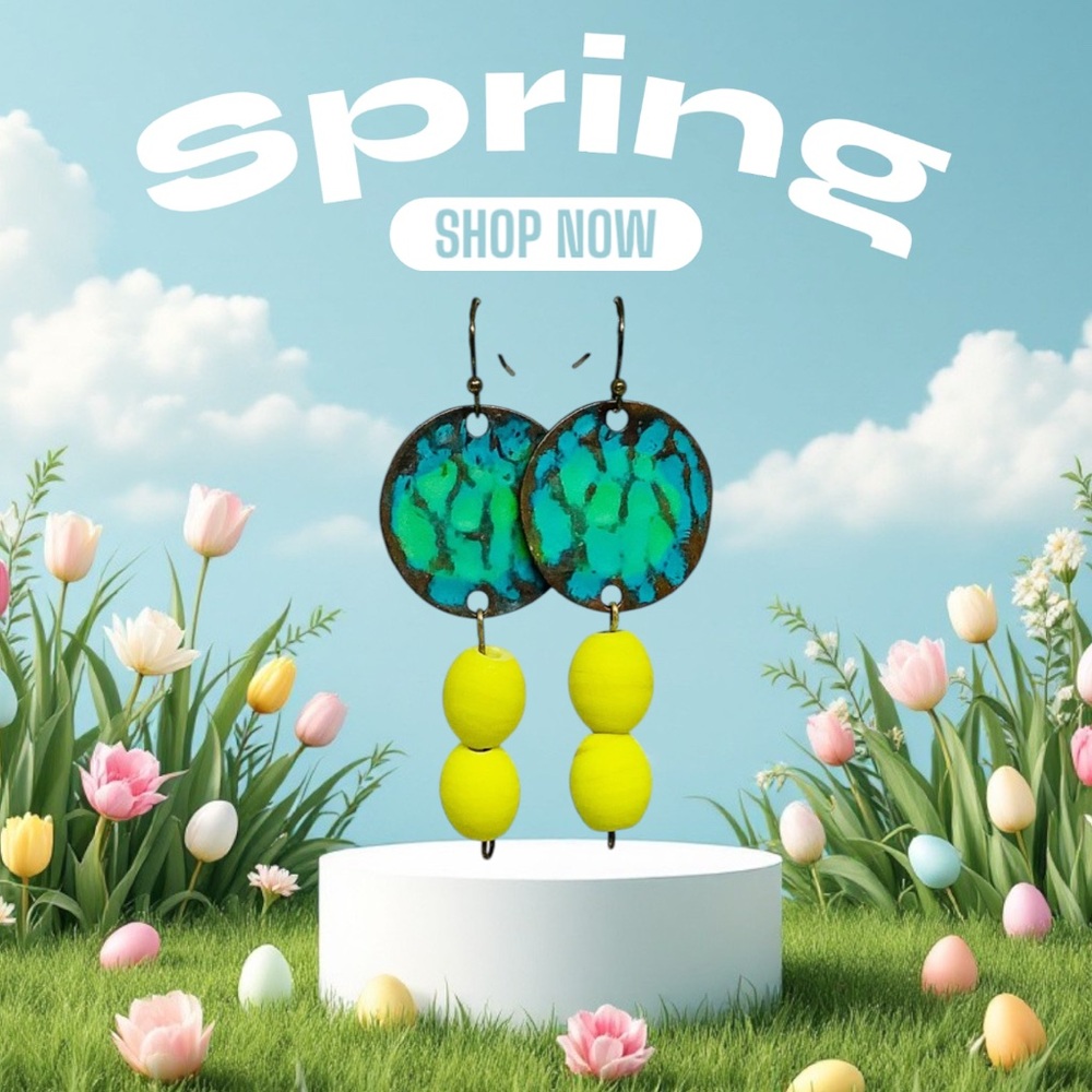 BOUTIQUE Vibrant Green and Yellow Dangle Charm Earrings, Beaded Earrings - Picture 8 of 8